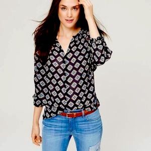Loft Sheer Long Sleeve Blouse Navy Flower Print